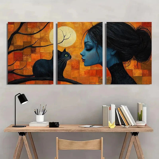 3pcs Whimsical Ladies and Cats, Colorful Wall Art Set Canvas Framed 40x60cm - High Quality Print 100% Australian Made Wall Canvas Ready to Hang