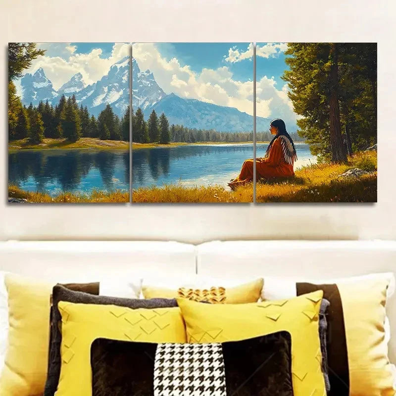 3pcs Girl by the River Painting Metal Print Ready to Hang Art - Bella Home Decor