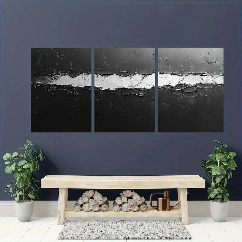 3pcs Minimalist Black and White Abstract Texture Metal Print Ready to Hang Art - Bella Home Decor