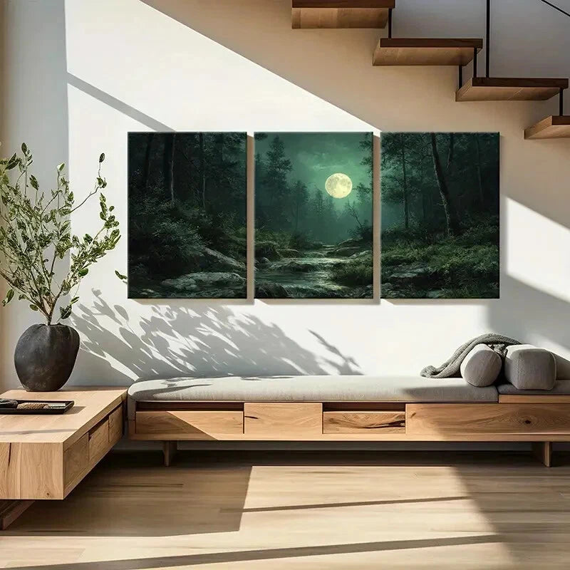 3pcs Moonlit Forest Stream Nature Landscape Metal Print Ready to Hang Art - Bella Home Decor