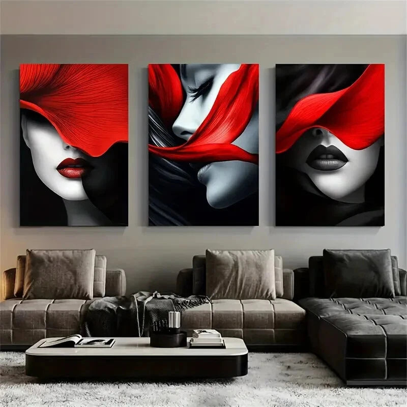 3pcs Bold Red And Black Lip Gloss Metal Print Ready to Hang Art - Bella Home Decor