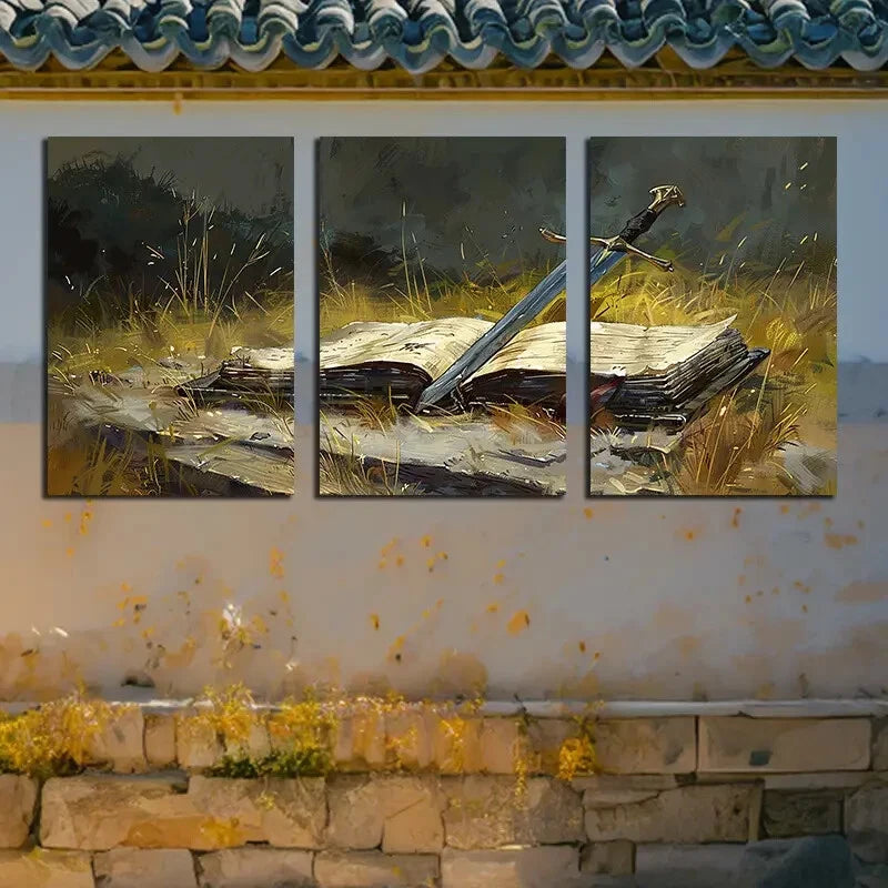 3pcs Slender Sword & Book Design, Lush Green Grass Metal Print Ready to Hang Art - Bella Home Decor