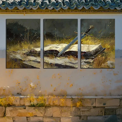 3pcs Slender Sword & Book Design, Lush Green Grass Metal Print Ready to Hang Art - Bella Home Decor