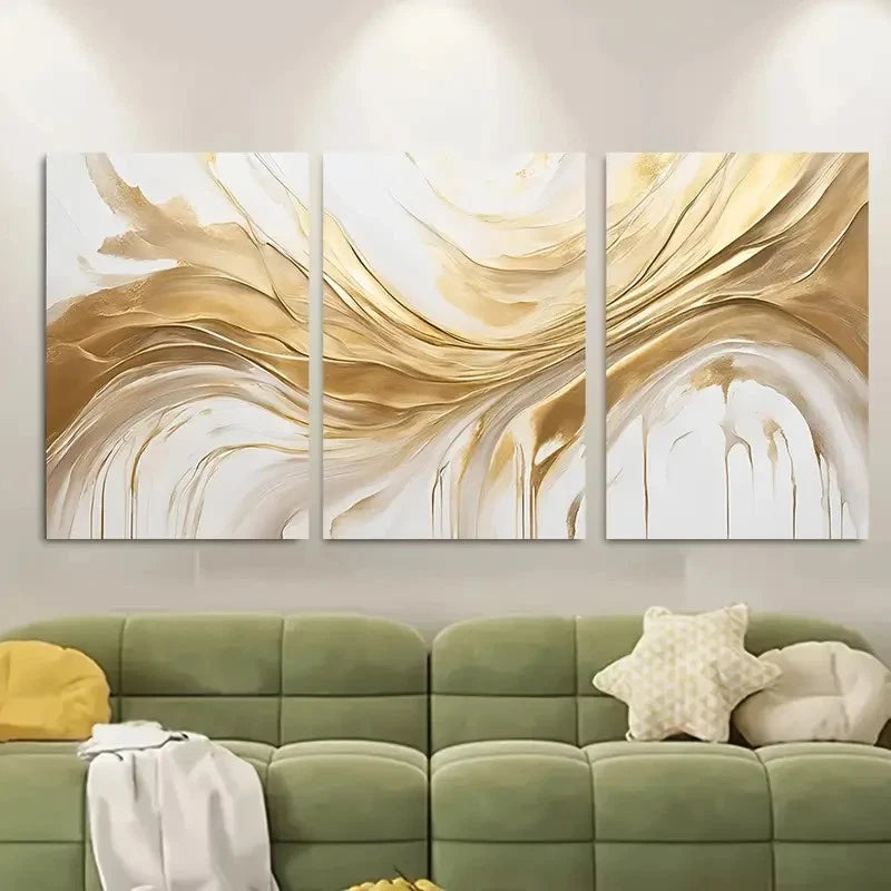 3pcs Golden Modern Golden Wall Art Metal Print Ready to Hang Art - Bella Home Decor