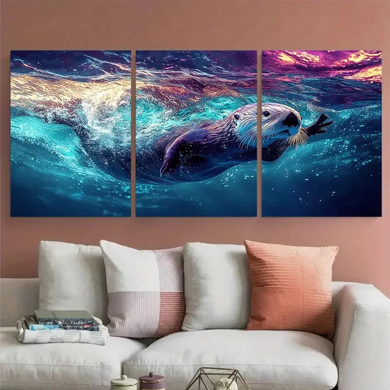 3pcs Cute Sea Otter Swimming in Blue Water Wall Art Set Canvas Framed 60x90cm - High Quality Print 100% Australian Made Wall Canvas Ready to Hang - Bella Home Decor