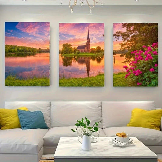 3pcs A Beautiful Sunset Over a Lake Metal Print Ready to Hang Art