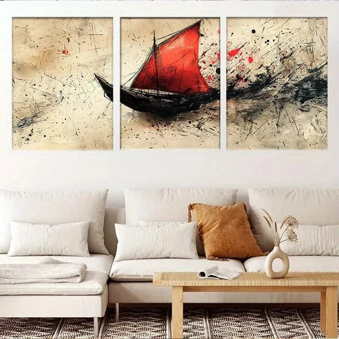 3pcs Abstract Red Sails Ship on Rough Seas Wall Art Set Canvas Unframed - High Quality Print 100% Australian Made Wall Canvas - Bella Home Decor