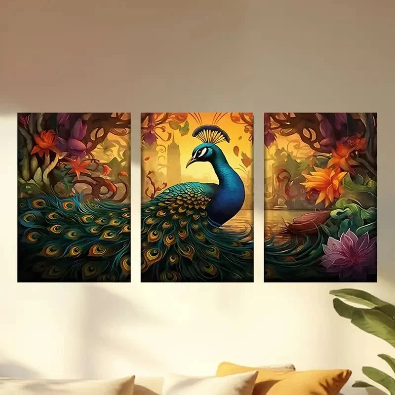 3pcs  peacock with a long tail standing  Wall Art Set Canvas Framed 50x70cm - High Quality Print 100% Australian Made Wall Canvas Ready to Hang - Bella Home Decor