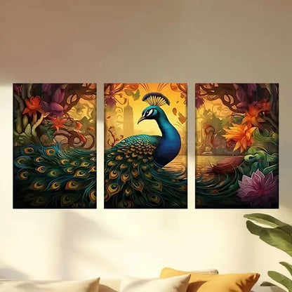 3pcs  peacock with a long tail standing  Wall Art Set Canvas Framed 50x70cm - High Quality Print 100% Australian Made Wall Canvas Ready to Hang - Bella Home Decor