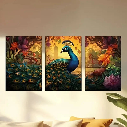 3pcs peacock with a long tail standing Wall Art Set Canvas Framed 50x70cm - High Quality Print 100% Australian Made Wall Canvas Ready to Hang