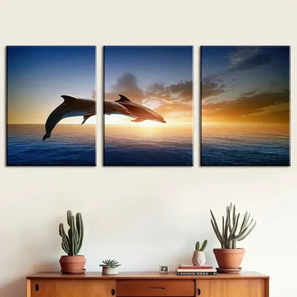3pcs Featuring Ocean Scenery, Jumping Dolphins Wall Art Canvas Unframed - High Quality Print 100% Australian Made Wall Canvas