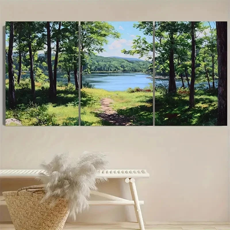 3pcs Serene Forest Lake Greenery Wall Art Metal Print Ready to Hang Art