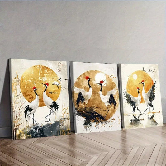 3pcs Golden Cranes Modern Contemporary Style Wall Art Set Canvas Framed 50x70cm - High Quality Print 100% Australian Made Wall Canvas Ready to Hang
