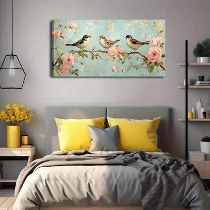 Birds on Pink Flower Branches Wall Art Canvas Office Home Room Framed 120x60cm - Bella Home Decor