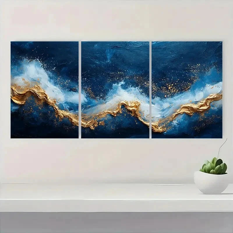3pcs Blue and Golden Abstract Blue and White Metal Print Ready to Hang Art - Bella Home Decor