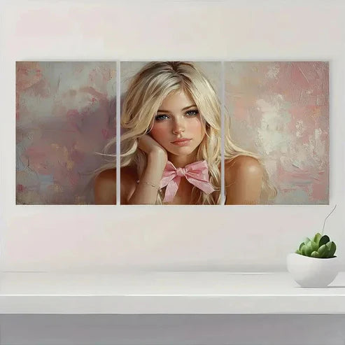 3pcs Blonde Girl Coquette Pink Bow Wall Art Canvas Unframed - High Quality Print 100% Australian Made Wall Canvas - Bella Home Decor