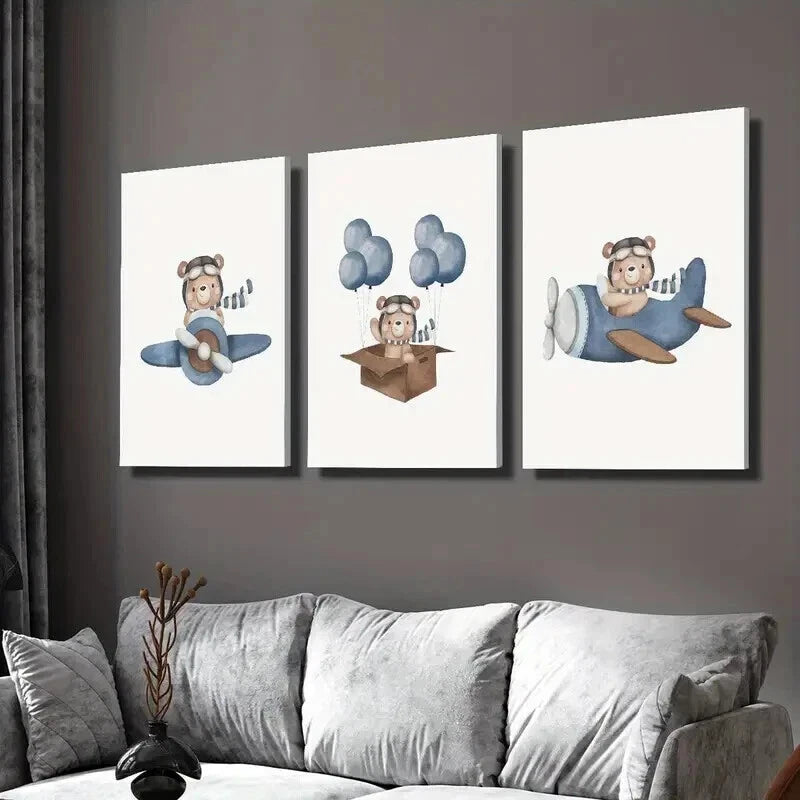 3pcs Bear Flying a Plane in the Sky Wall Art Set Canvas Framed 60x90cm - High Quality Print 100% Australian Made Wall Canvas Ready to Hang