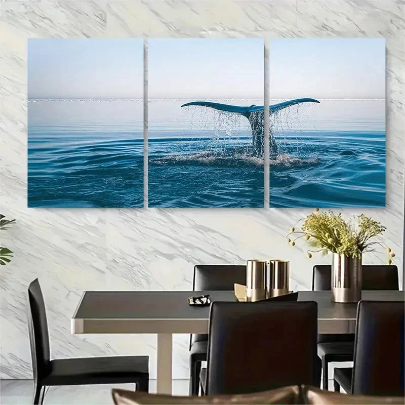 3pcs Ocean Sunset Scene with Whale Fin and Waves Metal Print Ready to Hang Art