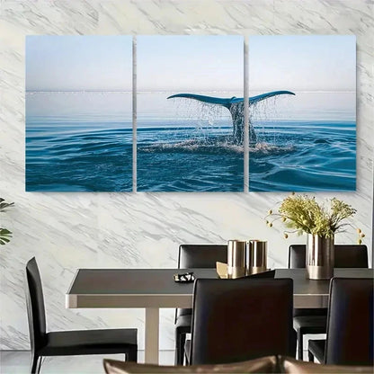 3pcs Ocean Sunset Scene with Whale Fin and Waves Metal Print Ready to Hang Art
