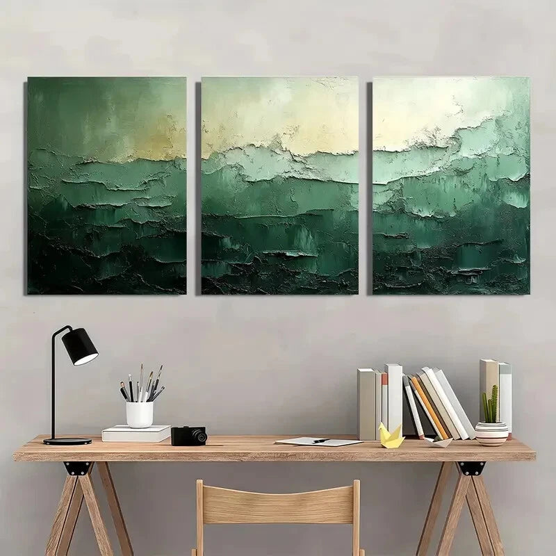 3pcs Green Abstract Minimalist Wabi Sabi Textured Metal Print Ready to Hang Art - Bella Home Decor