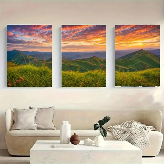 3pcs A Vibrant Sunset Over a Mountainous Metal Print Ready to Hang Art