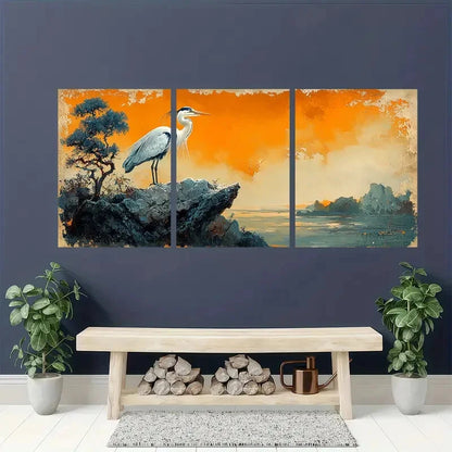 3pcs Heron Bird Animal Ukiyo e Style Japanese Metal Print Ready to Hang Art - Bella Home Decor