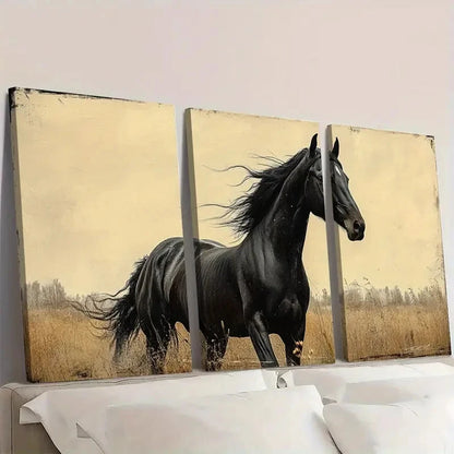 3pcs Vintage Black Horse Prints A  Wall Art Set Canvas Framed 40x60cm - High Quality Print 100% Australian Made Wall Canvas Ready to Hang