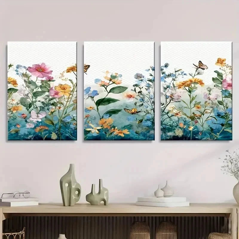 3pcs Watercolor Border with Butterflies Wall Art Set Canvas Framed 60x90cm - High Quality Print 100% Australian Made Wall Canvas Ready to Hang