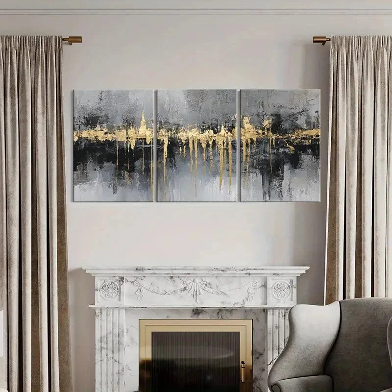 3pcs Abstract Golden Drip Neutral Palette Art Metal Print Ready to Hang Art - Bella Home Decor