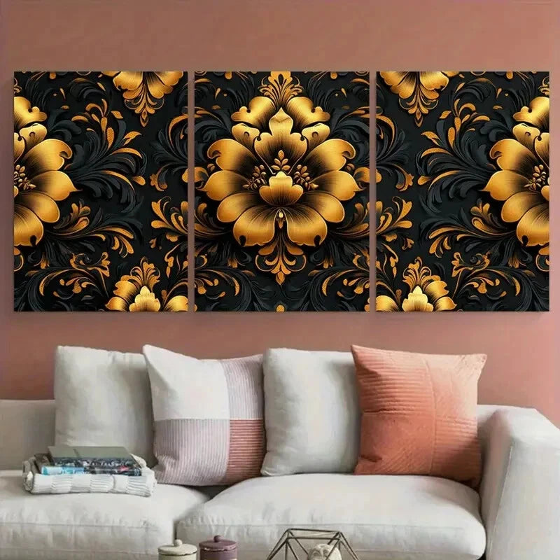 3pcs Ornate Golden Black Floral Damask Pattern Metal Print Ready to Hang Art - Bella Home Decor