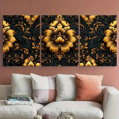 3pcs Ornate Golden Black Floral Damask Pattern Metal Print Ready to Hang Art - Bella Home Decor