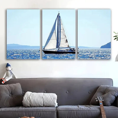 3pcs Sailboat Sailing On Ocean Blue & White Wave Wall Art Set Canvas Framed 50x70cm - High Quality Print 100% Australian Made Wall Canvas Ready to Hang