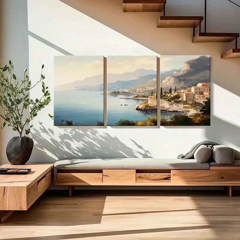 3pcs Mountain View Coastal Town Serene Waters Metal Print Ready to Hang Art - Bella Home Decor