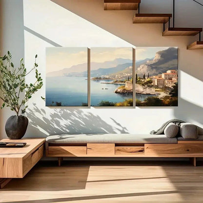 3pcs Mountain View Coastal Town Serene Waters Metal Print Ready to Hang Art - Bella Home Decor