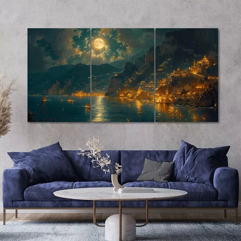 3pcs Cliffside Village at Night Full Moon Scenery Wall Art Set Canvas Unframed - High Quality Print 100% Australian Made Wall Canvas