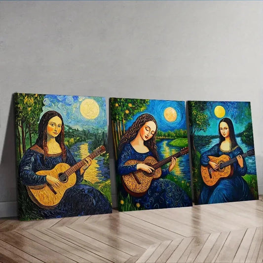 3pcs Mona Lisa plays guitar Wall Art Set Canvas Framed 50x70cm - High Quality Print 100% Australian Made Wall Canvas Ready to Hang