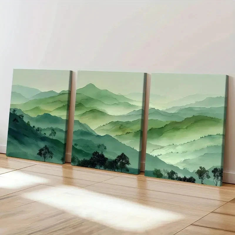 3pcs Mountain Landscape, Green Hills  Wall Art Set Canvas Framed 50x70cm - High Quality Print 100% Australian Made Wall Canvas Ready to Hang - Bella Home Decor