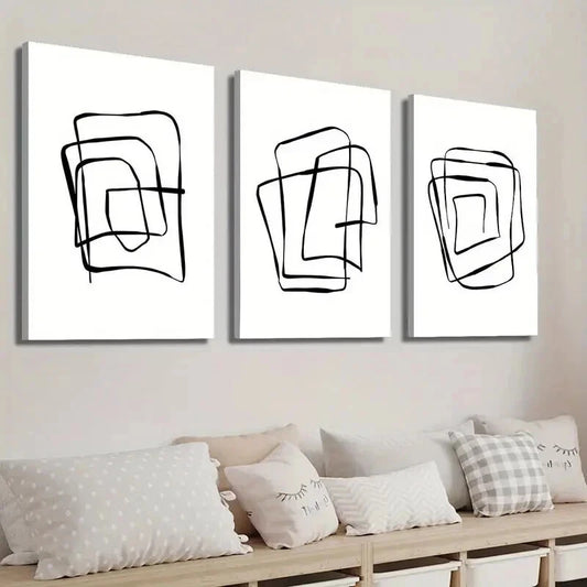 3pcs Modern Abstract Black And White Line Shape Wall Art Set Canvas Framed 60x90cm - High Quality Print 100% Australian Made Wall Canvas Ready to Hang