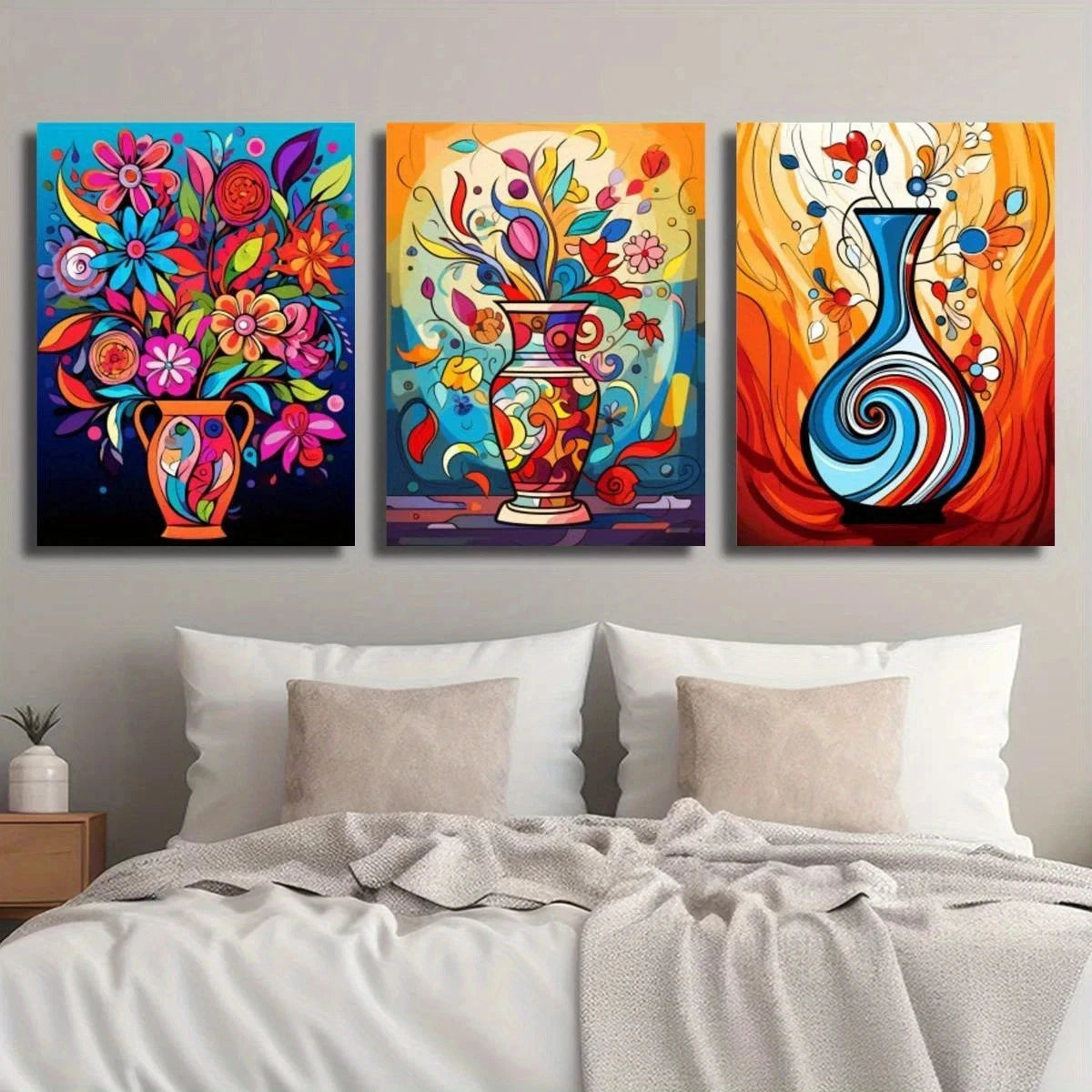 3pcs Abstract Plant and Flower Colorful Vase Metal Print Ready to Hang Art - Bella Home Decor