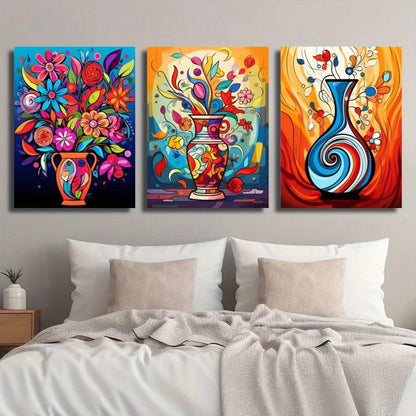 3pcs Abstract Plant and Flower Colorful Vase Metal Print Ready to Hang Art - Bella Home Decor