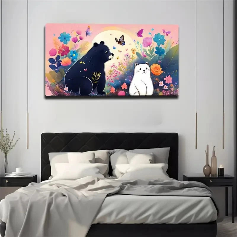 Whimsical Bear Cat Vibrato Wall Art Canvas Office Home Room Framed 120x60cm