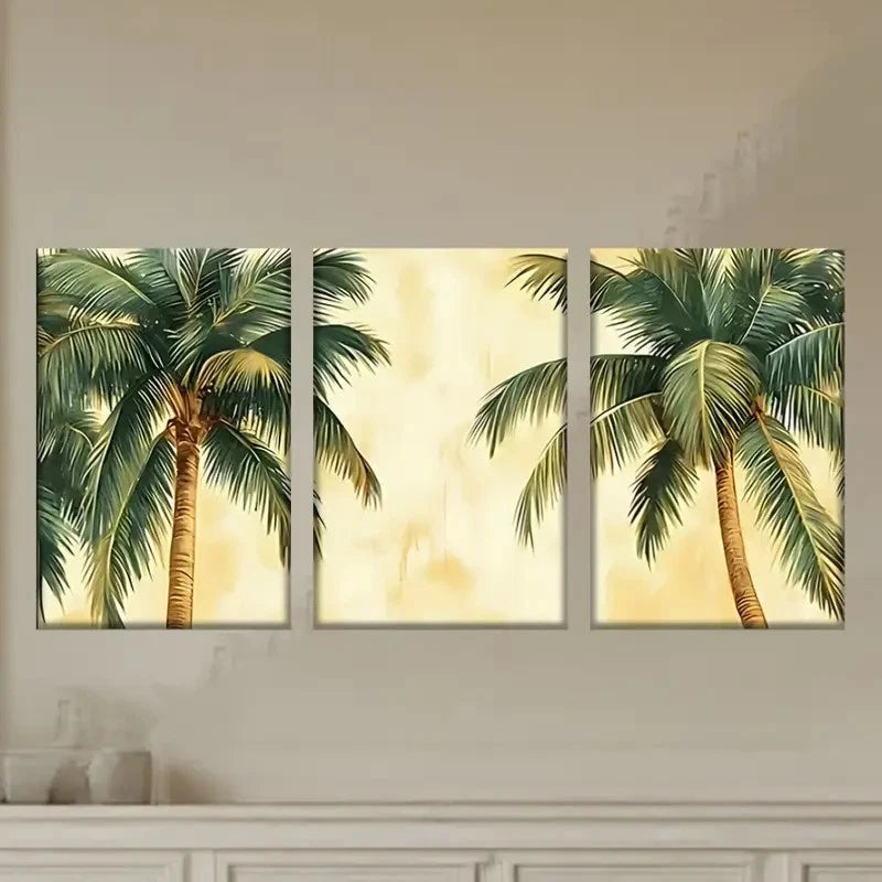 3pcs Palm Trees on a Yellow Background Wall Art Set Canvas Framed 60x90cm - High Quality Print 100% Australian Made Wall Canvas Ready to Hang
