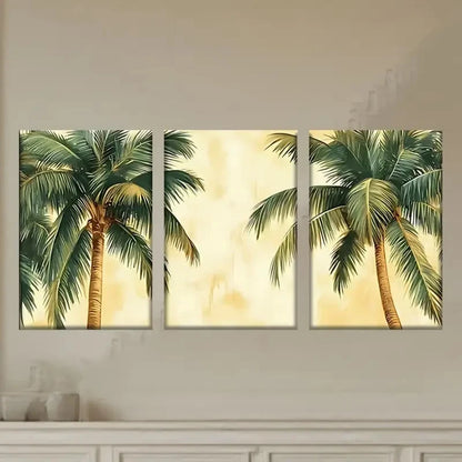 3pcs Palm Trees on a Yellow Background Wall Art Set Canvas Framed 60x90cm - High Quality Print 100% Australian Made Wall Canvas Ready to Hang