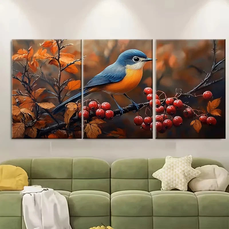 3pcs Elegant Bird and Berries Metal Print Ready to Hang Art