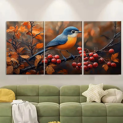 3pcs Elegant Bird and Berries Metal Print Ready to Hang Art