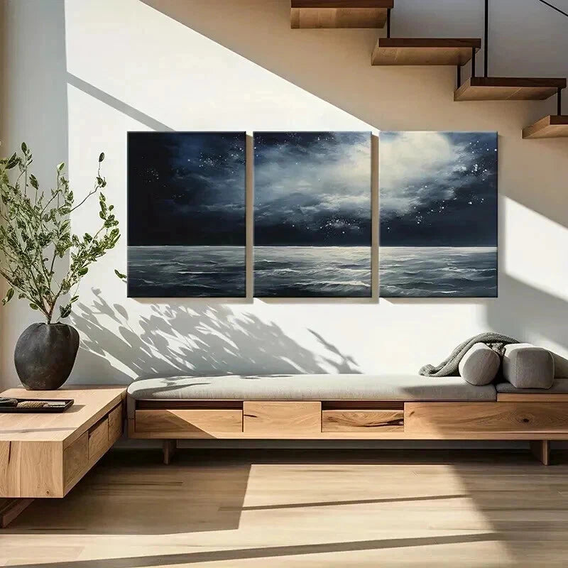 3pcs Moonlit Ocean Waves Dark Sky Clouds Night Wall Art Set Canvas Framed 40x60cm - High Quality Print 100% Australian Made Wall Canvas Ready to Hang - Bella Home Decor