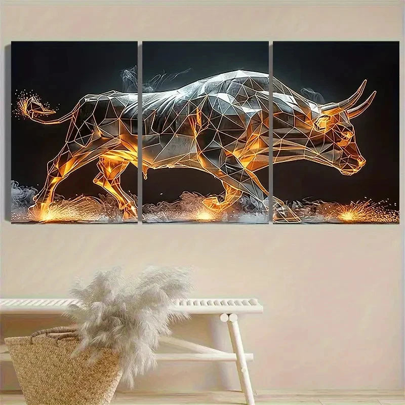 3pcs Digital Bull Sculpture Vintage Wall Art Set Canvas Framed 60x90cm - High Quality Print 100% Australian Made Wall Canvas Ready to Hang - Bella Home Decor