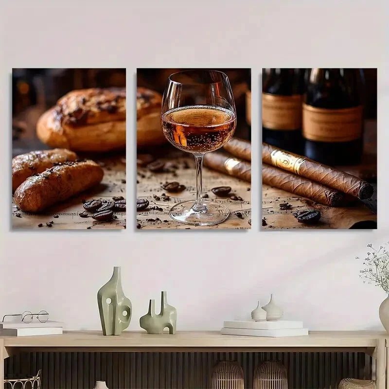 3pcs Elegant Featuring Cigars Champagne Metal Print Ready to Hang Art - Bella Home Decor