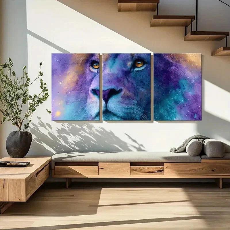 3pcs Artistic Lion Portrait Vibrant Colors Metal Print Ready to Hang Art - Bella Home Decor
