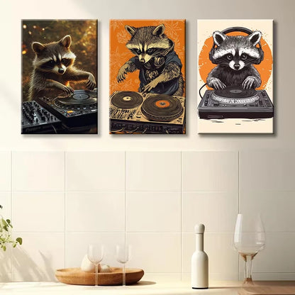 3pcs Raccoon as a DJ Funny Illustration Wall Art Set Canvas Framed 60x90cm - High Quality Print 100% Australian Made Wall Canvas Ready to Hang